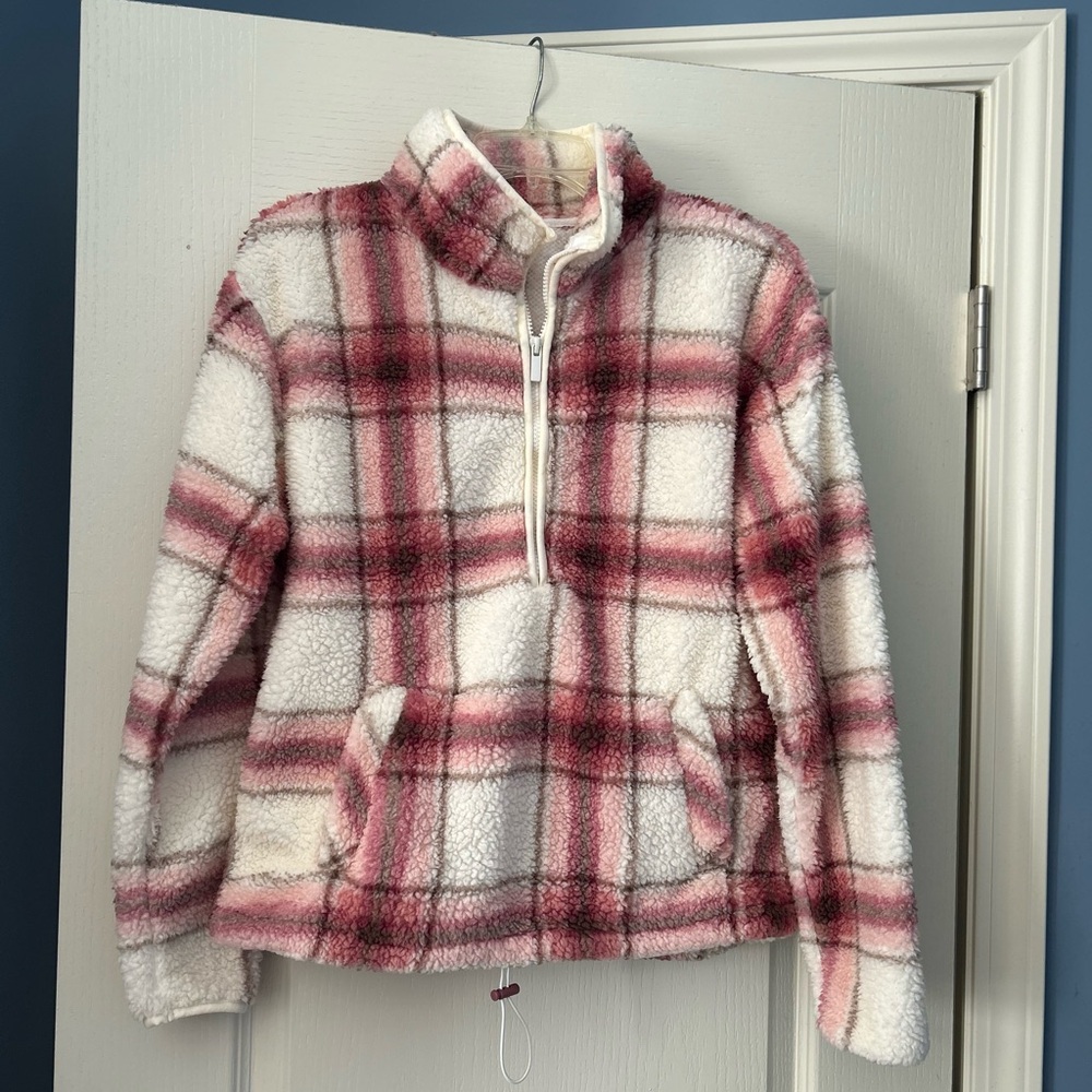 No Boundaries 1/4 zip warm and cozy fleece top with pockets, L, M, pink/cream
